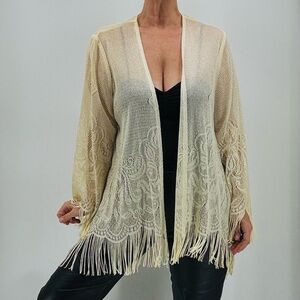 Vintage 90’s Boho Western Lace Fringe Metallic Floral Made In USA Open Cardigan
